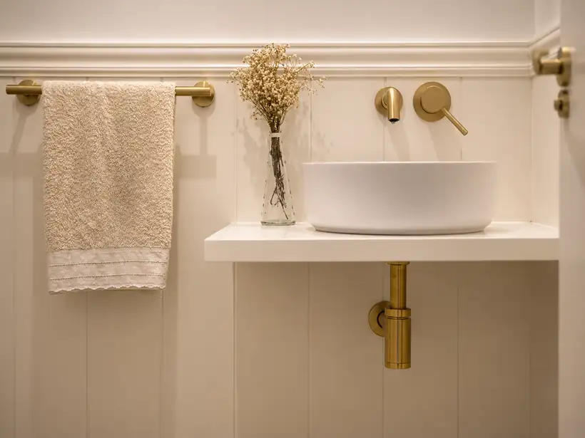 Baño con grifería en latón y encimera de piedra